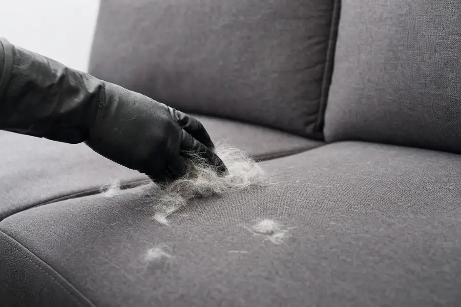 Hand in a damp rubber glove sweeping clumps of pet hair off a couch cushion