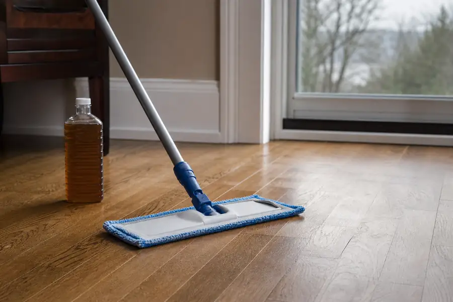 Flat microfiber mop cleaning hardwood with a dedicated wood floor cleaner nearby