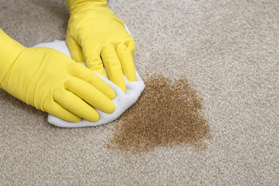 Hands in yellow rubber gloves blotting a brown coffee stain on carpet with a white cloth