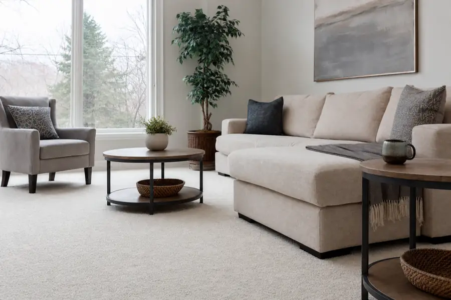 Spotless light carpet in a bright living room with a fresh coffee mug safely on a side table