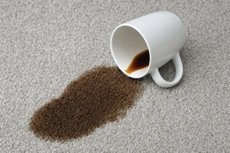 White mug tipped over spilling black coffee onto light gray carpet
