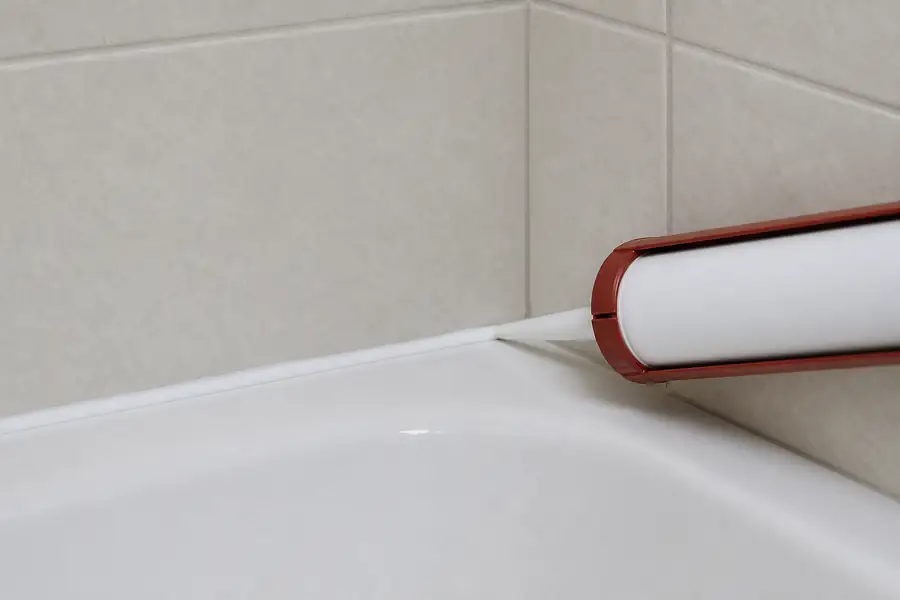 Caulk gun applying a clean white silicone bead where the bathtub meets the tile wall