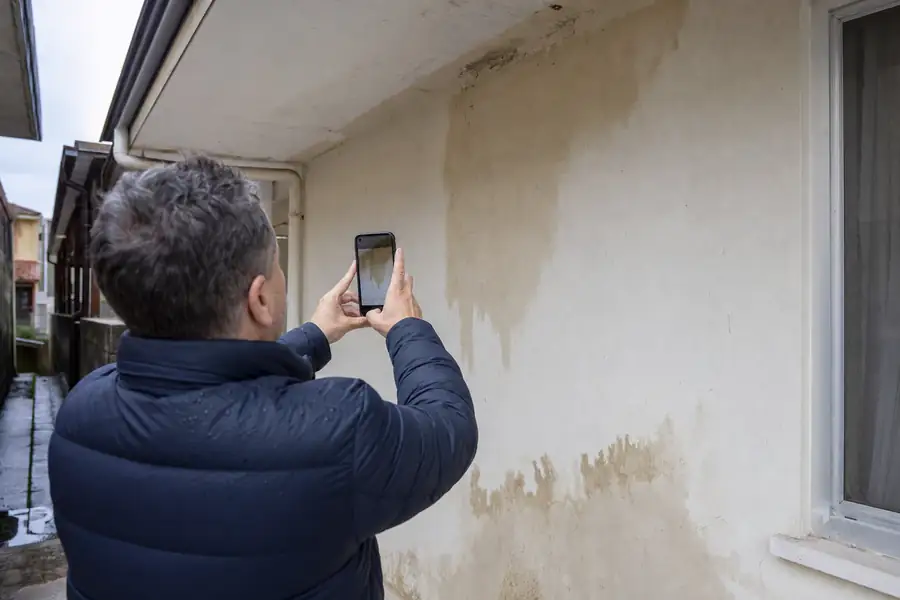 Homeowner photographing a water-stained wall with a smartphone for an insurance claim