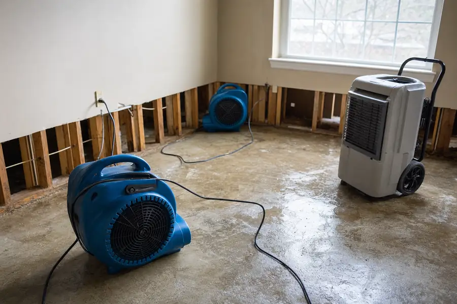 Industrial air movers and a dehumidifier drying out a water-damaged room with baseboards removed