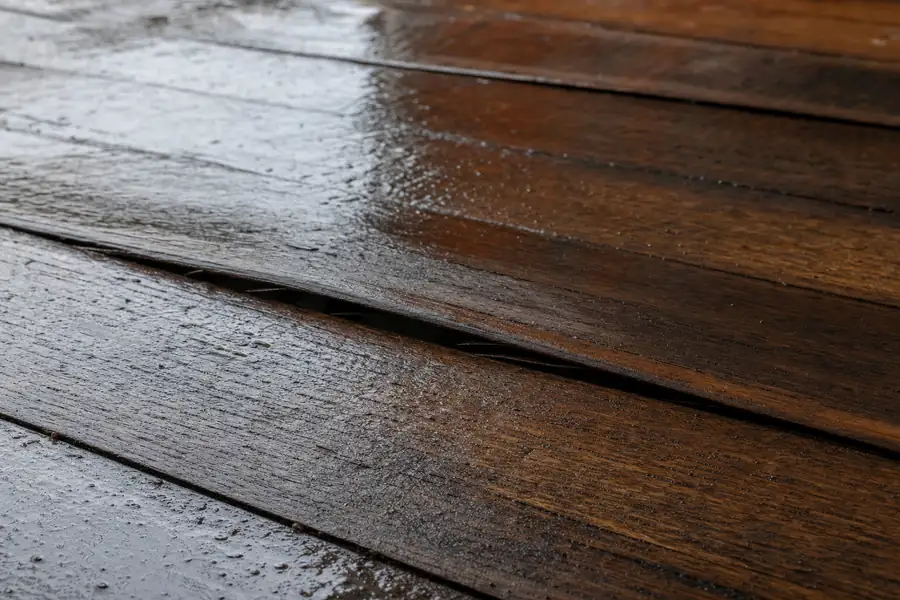 Of warped wet hardwood flooring boards showing early signs of water damage