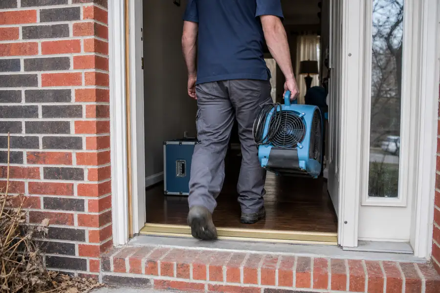 Restoration technician in work boots carrying extraction equipment through a front door