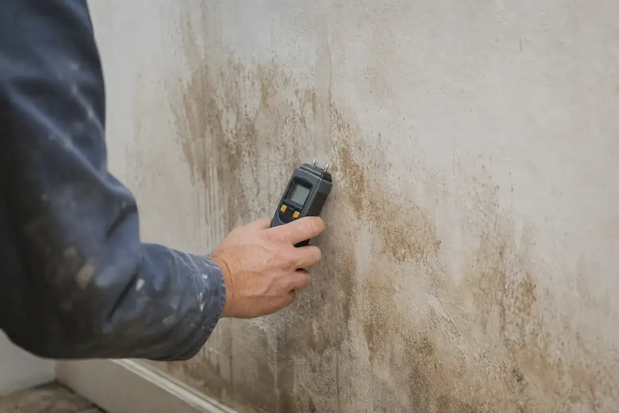 Technician holding a moisture meter against a water-stained wall