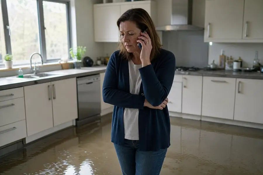 Worried homeowner on the phone standing in a kitchen with water pooling on the floor