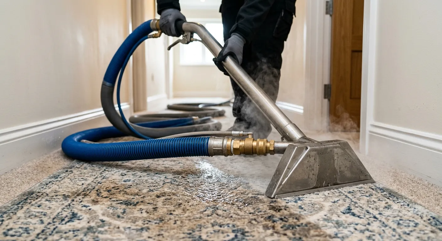 Technician deep cleaning an area rug in a home