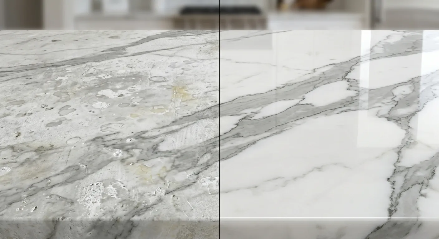 Test area difference on a tile floor, half cleaned and half untouched